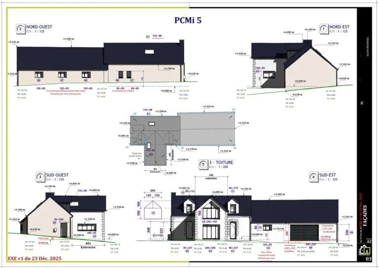 Plan de façade pour permis de construire PCMi 5 extensio n a 56240 Inguiniel — Plans de construction maison sur mesure Lorient Morbihan Bretagne France