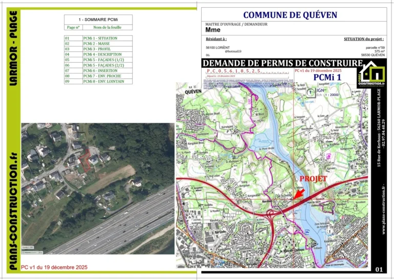 Plan de situation pour permis de construire PCMi 1 à 565 30 Queven — Plans de construction maison sur mesure Lorient Morbihan Bretagne France