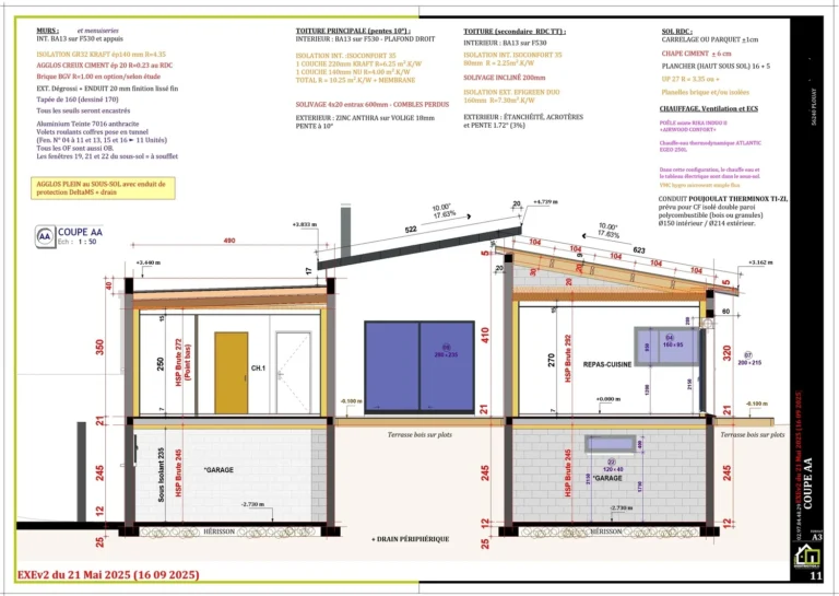 Plan en coupe maison avec garage en sous-sol a 56240 Plouay — Plans de construction maison sur mesure Lorient Morbihan Bretagne France