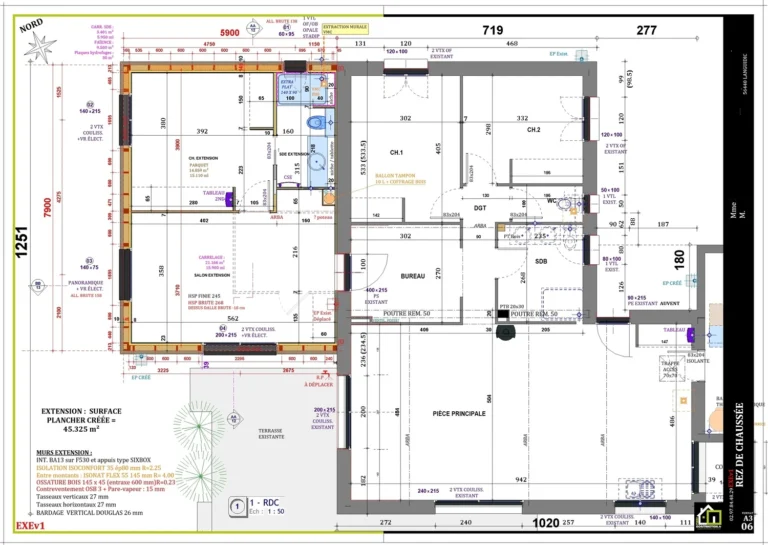 Plan extension du RDC en ossature bois à 56440 Languidic — Plans de construction maison sur mesure Lorient Morbihan Bretagne France